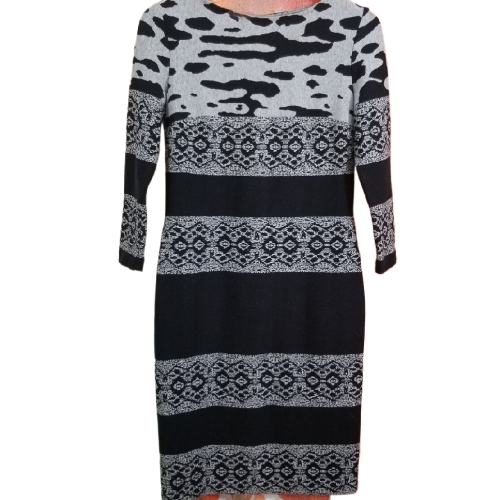 Joseph Ribkoff Black and Gray Mixed Print 3/4 Length Sleeve Size 10 Dress